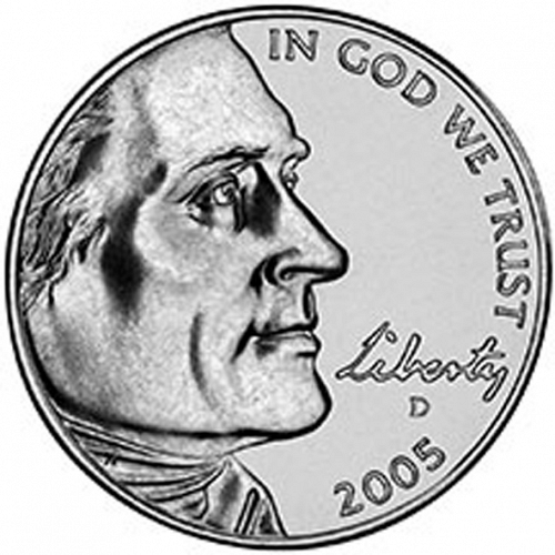 5 cent Obverse Image minted in UNITED STATES in 2005D (Jefferson - American Bison reverse)  - The Coin Database