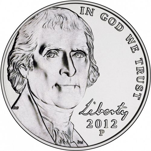 5 cent Obverse Image minted in UNITED STATES in 2012P (Jefferson - New Obverse)  - The Coin Database