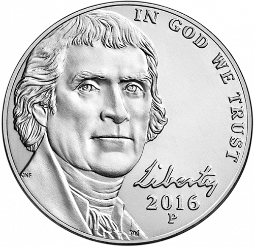 5 cent Obverse Image minted in UNITED STATES in 2016P (Jefferson - New Obverse)  - The Coin Database