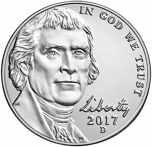 5 cent Obverse Image minted in UNITED STATES in 2017D (Jefferson - New Obverse)  - The Coin Database